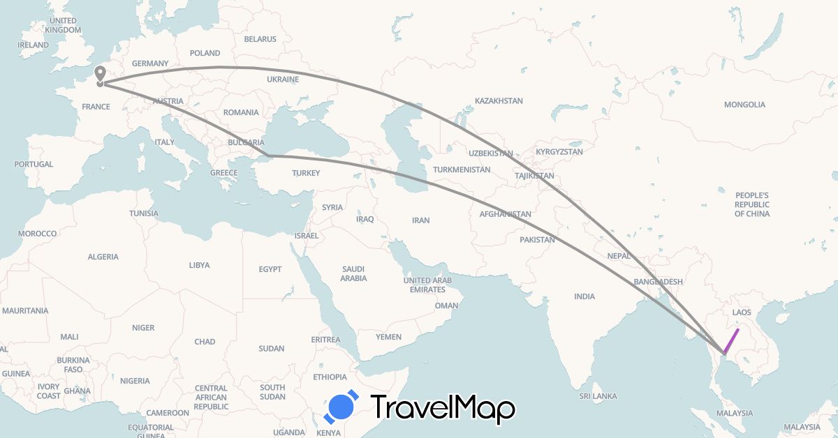 TravelMap itinerary: driving, bus, plane, train in France, Thailand, Turkey (Asia, Europe)